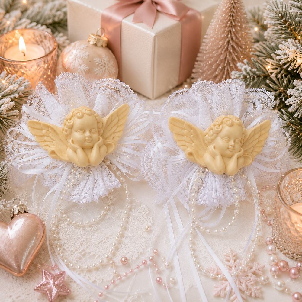 🪽🩷🤍VTG Angel Cherub Candle Charms Ornaments Lace Faux Pearls Set 2 Victorian
